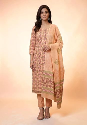 Image of Eddika women unstitched hand block printed cotton suit set with mulmul dupatta ehbpcswmd0120P