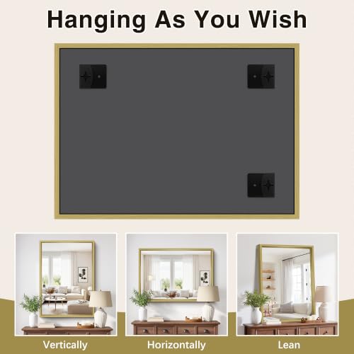 Image of Bathroom Mirror, 30 x 42 inch Natural Wood Grain Colored Aluminum Metal Frame Bathroom Vanity Mirror, Rectangle Wall Mirror for Bedroom Living Room, Tempered Glass, Horizontal or Vertical