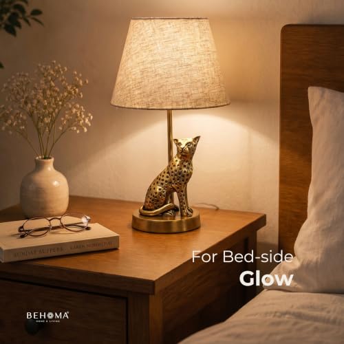 Image of BEHOMA Jaguar Table Lamp with Antique Aluminium Base & Fabric Shade | Elegant Home & Office Decor | Gift for Men, Kids, Housewarming Anniversary & Birthday Diwali Festivals (Bulb Not Included)