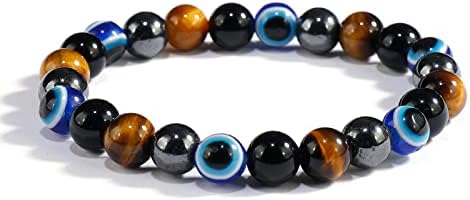 Quadruple protection bracelets for men and women（evil eye, tigers eye,hematite, obsidian）A handmade beaded crystal healing bracelet that can bring luck, happiness and protection(8mm elastic)