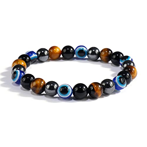 Quadruple Protection Bracelets For Men And Women（Evil Eye, Tigers Eye,Hematite, Obsidian）A Handmade Beaded Crystal Healing Bracelet That Can Bring Luck, Happiness And Protection(8Mm Elastic) #TOP3