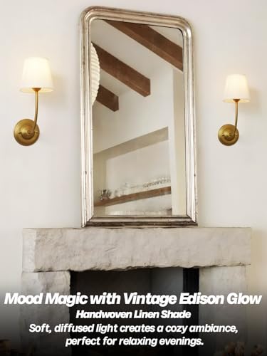 Image of Vintage Fabric Wall Sconces Set of 2 with 5.5 inch Funnel Linen Cloth Shade, E26 Hardwired Indoor Wall Mounted Lamp Fixtures for Bedroom Dining Room Hallway Bathroom