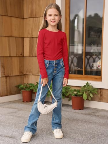 Image of Haloumoning Girls Long Sleeve Shirts Crewneck Ruched Side Slim Fit Tops Ribbed Knit Casual Tee Shirt 4-15 Years