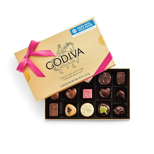 Godiva Gold Assorted Chocolate Gift Box, Belgian Dark & Milk Chocolates with Pralinés, Ganaches & Caramels, Gourmet Gift for Birthday, Holidays, Kosher, Azalea Pink Ribbon, 15 Pc