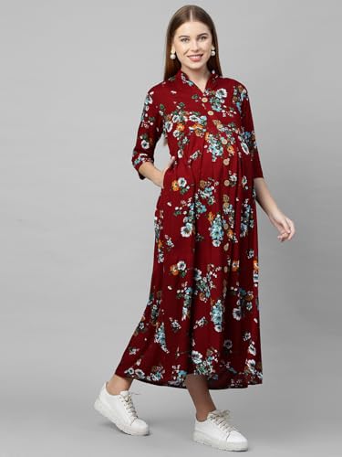 Image of MomToBe Women's Rayon Maternity Dress /Pregnancy Dress /Easy Breast Feeding /Breastfeeding Dress /Western Dress with Zippers for Nursing Pre and Post Pregnancy