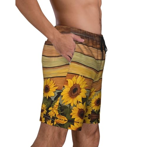 Paint Wooden Board Sunflower Print Men's Beach Pants Lightweight Quick-Dry Swim Pants with Mesh Lining for Men3