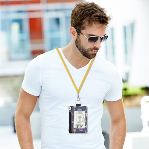 Image of Minimalist RFID Wallet with Lanyard, Multi-functional ID Case with 2 Zipper Pockets and Key Chain for Men and Women, Tactical Badge Pouch Cards Holder, Coin Purse for Travel Sports - Two-Tone