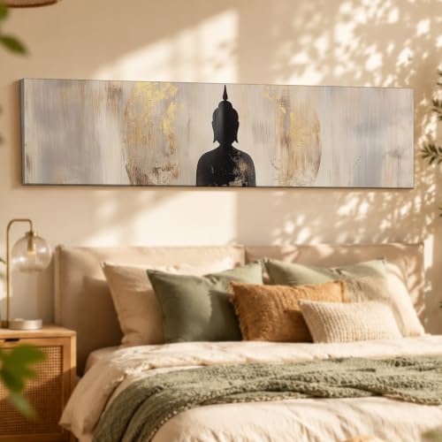 Image of Large Stretched Canvas Painting, Panel Wall Painting Buddha Luxury Paintings for Home Decoration, Living room, Bedroom and Office Decor (Grey, 12x46 Inch)