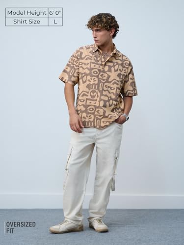 Image of The Souled Store Oversized Shirt: Marine Men and Boys Short Sleeves Collared Neck Button Front Brown All Over Printed Cotton Oversized Shirts