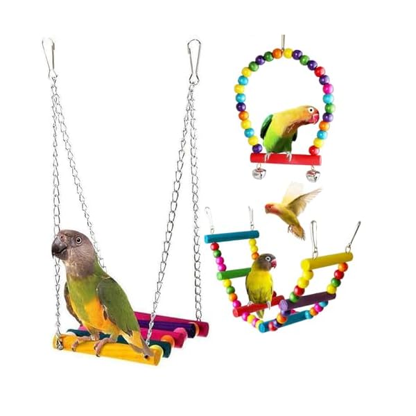 3 Pack Budgie Toys, Cockatiel Toys Bird Toys, Colorful Wooden Budgie Swing, for Chewing, Climbing, and Hanging in Bird Cages – Ideal for Parakeet, Cockatiel, Lovebird