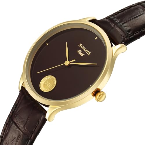 Image of Sonata Gold with Quartz Analog Regal Maroon Dial with 0.15 Gm 22 Karat Tanishq Gold Coin On Dial Brown Leather Strap Watch for Men - 7153YL03