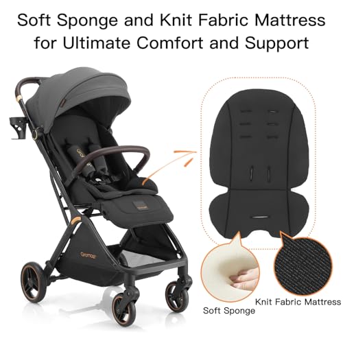 Image of Gromast Gravity Folding Baby Stroller - Portable Travel Toddler Stroller w /Adjustable Backrest, Canopy & Cup Holder, Lightweight and UV Protected, One-Hand Automatic Folding - Dark Gray