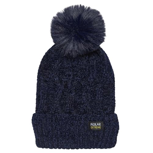 Polar Extreme Heat Women's Sherpa-Lined Beanie and Skull Cap, Chenille Webbed Patterned Cuffed Hat with Faux Fur Pom, Warm Winter Hat, One Size Fits Most - Navy