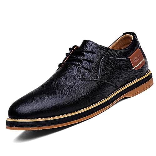 Men's Genuine Leather Hand Stitched Dress Oxfords Fashion Plain Toe Lace up Low Top Formal Business Office Derby Shoes Daily Non-Slip Soft Sole Casual Shoes