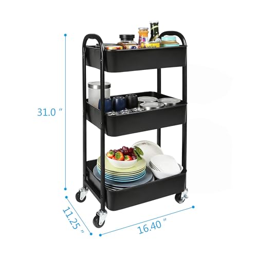 Image of 3-Tier Rolling Utility Cart with Caster Wheels Easy Assembly, Black | Easy Assembly, multi-purpose storage trolley for kitchen, rolling cart with smooth caster wheels for bathroom