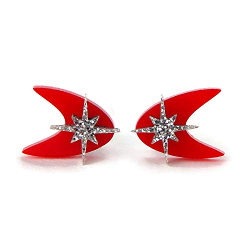 Miniatura 2 de Retro Red Boomerang Stud Earrings, Atomic 50s Acrylic Studs, Mid Century Modern Celestial Earring