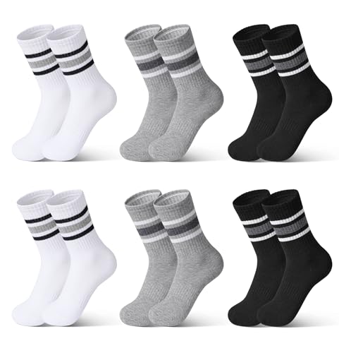 Auranso 6 pares de calcetines para niños, calcetines transpirables para niños, calcetines de tenis de invierno de algodón para niñas, negro, blanco y gris, 27-30