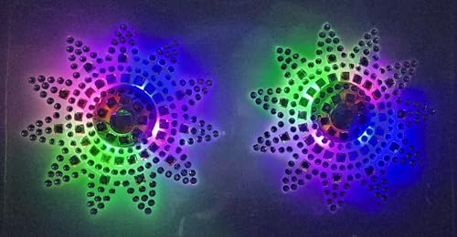LED Sun/Star Pasties Light Up Reusable W/Bright Colors Pink, Purple, Blue & Green - 4 PLUS Uses - Rhinestone Pasties, Glow, Nips, Nipple Covers Sexy2