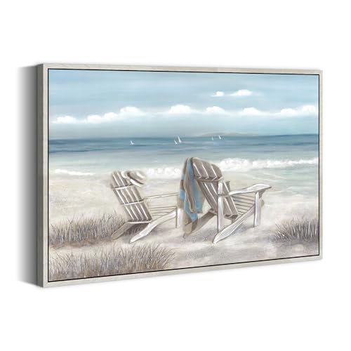 Beach Canvas Framed Wall Art: Living Room Blue Abstract Ocean Painting Modern Coastal Landscape Picture Contemporary Nautical Sea Wave Print Seaside Hand Painted Seascape Skyline Seashore Artwork