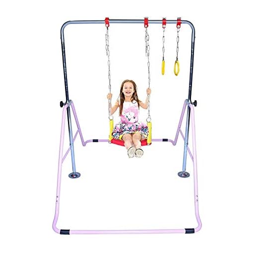 KidsJungle Kids Jungle Gym 3 in 1 Gymnastics Monkey Bar Deluxe Swing Set, Trapeze Rings, Adjustable Horizontal Climb Tower Junior Training Pink