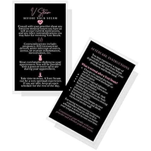 Lashicorn Yoni Steam Pre Post Steam Aftercare Care Instruction Cards | 50 Pack | 2x3.5” inch Business Card Size | Black and Rosey Pink Vaginal Steam Design Client Cards