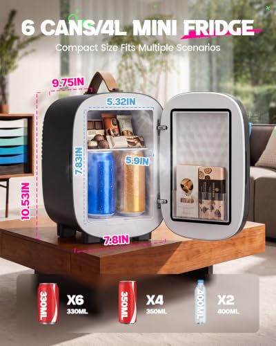 Image of FANSEXPERT Mini Fridge for Bedroom, 4 Liter /6 Cans Skin Care Fridge Small Refrigerator, AC /DC Portable Mini Cooler & Warmer, Small Cosmetic Fridge for Camping, Dorm, Office, Car (Black)