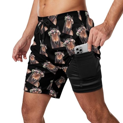 Horse Animal with Flower Mens Swim Trunks Swimming Board Shorts with Compression Liner Summer Beach Bottom2