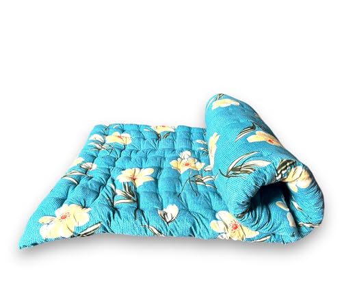 Soft Cotton Mattress Foldable Light Weight Filled Single Firm Mattress| Gadda (3D Design Printed, 1 Sleeping Capacity, 3 x 6 ft or 72 x 36 Inches) (Blue Teal Floral Mattress)