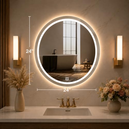 Image of 24x24 Inch Round Glass Wall Mounted LED Mirror with Smart Touch Sensor & 3 Color Lights (Warm, Cool, Natural) for Bathroom, Washbasin & Vanity