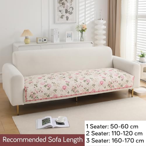 Image of HOKIPO 'HomeHues Series' Printed Quilted Sofa Cover Mat for 2 Seater Sofa, Beige Peonies (IN-807-D3*1)
