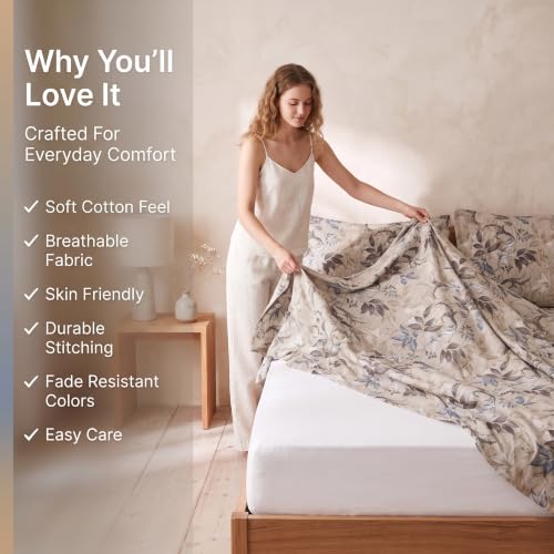 Image of BSB HOME 240 TC Cotton Double Bedsheet with 2 Pillow Covers, Soft & Breathable Bed Sheet for Double Bed, Fade & Wrinkle Resistant, Floral Print, 90 x 100 Inches (228 x 254 cm)-Mineral Blue Woodland