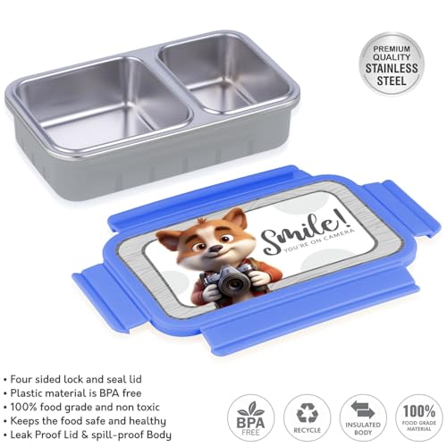 Image of Aliensware 4D Bento Kids Lunch Box with 2 Compartment, Microwave-Safe BPA Free Advance Coating Stainless Steel Kids Lunch Box, Food Grade Tiffin Box for School, College, Picnic, office-500ml(MB03-BLU)