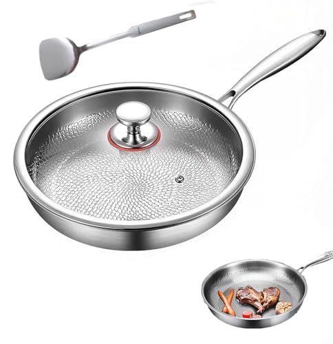 Sartén de titanio martillado Pro con tapa, ultraduradera, resistente a los arañazos, antiadherentes, sartenes multifuncionales para cocinar (11.0 pulgadas)