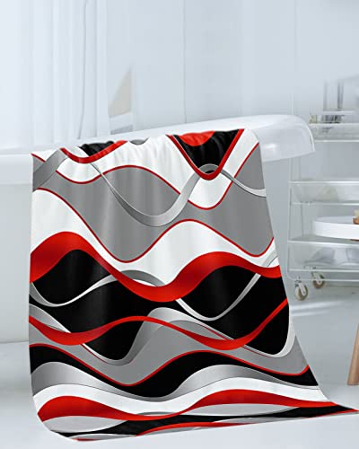 Geometric Red Black Towel Sets For Bathroom,Microfiber Bath Kitchen Beach Hair Hand Yoga Dish Towels And Washcloths,Abstract Modern Grey Stripes Quick Dry Decorative Towels+Set Bath Accessories Decor #TOP2