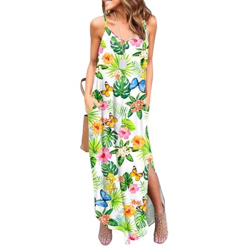 HUSKARY Women's Summer Casual Sleeveless V Neck Strappy Split Loose Dress Beach Cover Up Long Cami Maxi Dresses with Pocket X-Small Army Green