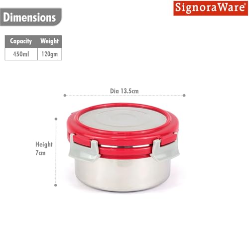 Image of Signoraware Lock N Store Stainless Steel Round Container With Steel Lid | Airtight & Leakproof | Compact & Durable | Ideal for Snacks, Office, School & Travel Use (450ml | Red)