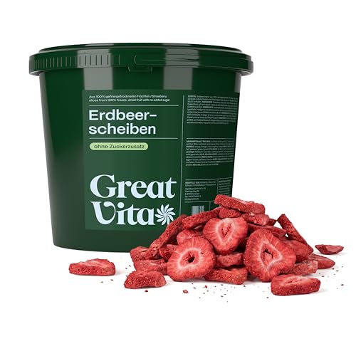 GreatVita Gefriergetrocknete Erdbeeren 400g - Knusprige Erdbeerscheiben ohne Zuckerzusatz - Gefriergetrocknete Früchte - Freeze-Dried Strawberries - Snack & Topping für Müsli, Joghurt & Smoothies