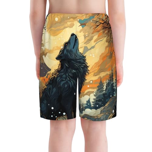 Boys Swim Trunks Beach Board Shorts Summer Bathing Suits Teen Kids, Wolf Howling Moon Cool Art4