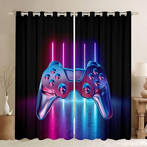 Loussiesd Boys Black Gamepad Curtains Gamer Drapes For Kids Children Teens Video Game Window Curtain Panels Modern Game Controller Window Treatments Blue Room Decor W46*L54