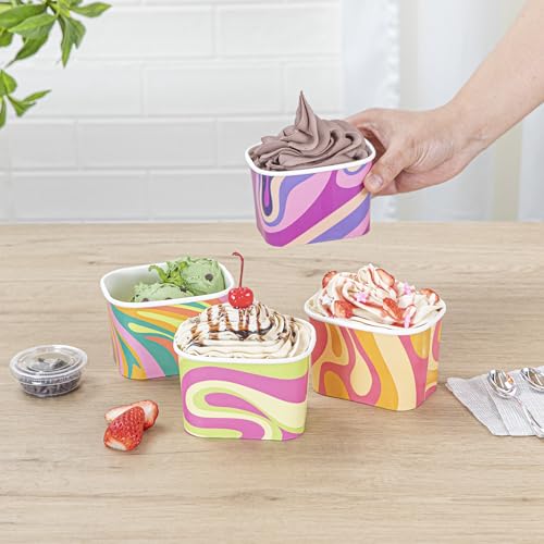 Image of Restaurantware Paper Cups 200 Count 12 Ounce Square Disposable Ice Cream Containers, Leak-Resistant Paper Dessert To Go Cups, Hot And Cold Food, Durable Assorted Groovy Design