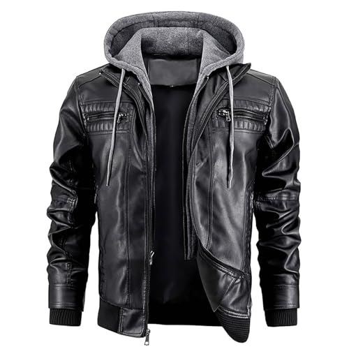 Zanisouta Veste en Cuir Velours pour Homme avec Col Montant, Veste en Cuir avec Capuche Amovible, Blouson de Biker en Similicuir Décontracté, Veste en...