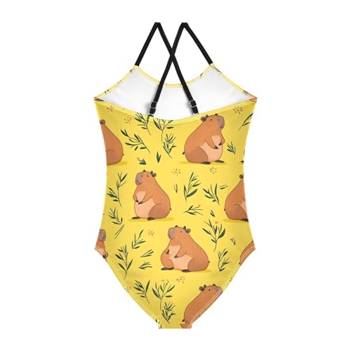 Bolaz Girls Swimsuits One-Piece Bathing Suits Multicolor Kids Sport Summer Beach Swimwear for 3-10 Years Old-Cartoon Capybaras Grass2