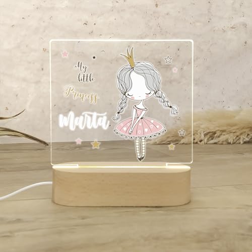 ONLYGUAY Lampara Quitamiedos Infantil Personalizada con Nombre Bebés Recien Nacidos de Metacrilato Acrilico Madera con Led Luz Nocturna Mesita Noche (Bailarina)