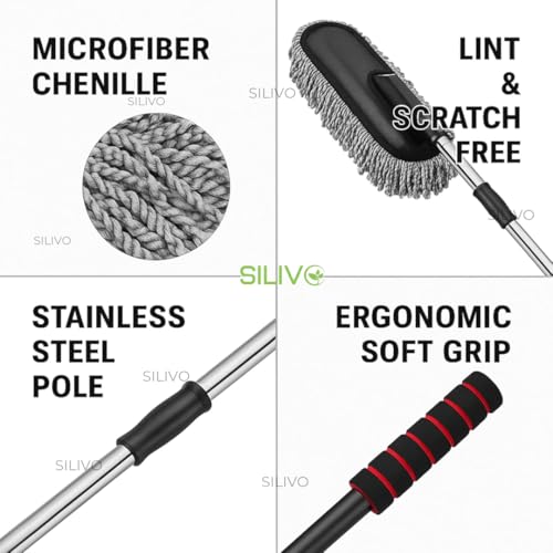 Image of SILIVO Car Cleaning Duster with Extendable Handle | Microfiber Mop for Car, Bike & Home Dusting | Reusable, Washable Dry Cleaning Brush for Interior & Exterior Use (33 inch, Multi Color)
