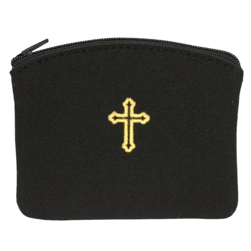 Rosary Bag Pouch with Zipper | Gold-Tone Cross | Black or White | Portable Bag for Rosaries, Coins, and Religious Jewelry | Great Catholic Gift for First Holy Communion (Black)