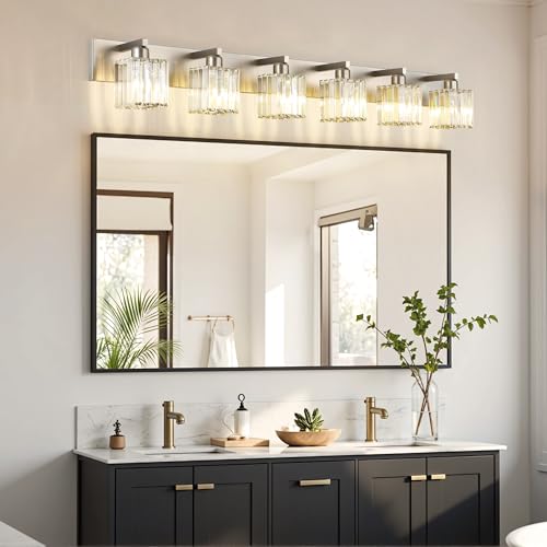 Image of Aipsun Brushed Nickel Bathroom Light Fixtures 6 Light Vanity Lighting Fixture Crystal Modern Bathroom Vanity Light (Exclude Bulb)