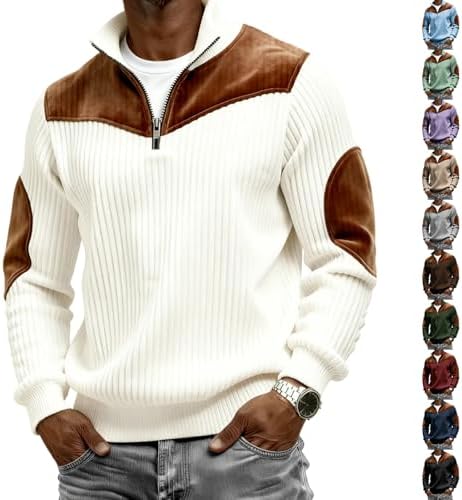 Corduroy Quarter Zip Pullover Men Vintage Patchwork Pullover Sweatshirts Color Block Mockneck Turtleneck Sweatshirt