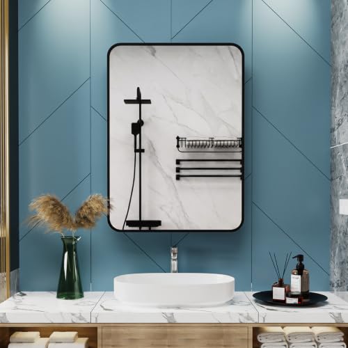 Image of ACEMIRO 20x28 Inch Black Recessed Bathroom Medicine Cabinet with Mirror Metal Framed Farmhouse Surface Wall Mounted Mirrored Bathroom Medicine Cabinets