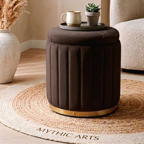Image of Superior Round Storage Ottoman Stool 16 X 16X 19 inch, with Gold Metal Base | Elegant Pouffe with Secret Storage | Cushioned Footrest for Living Room, Bedroom, and Lounge Brown
