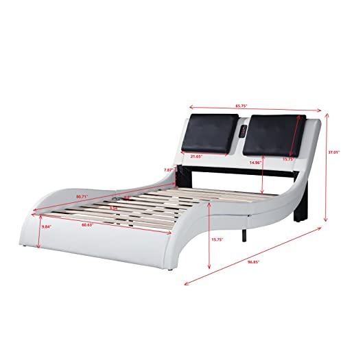 Hainew Queen Size Bed Frame, Faux Leather Upholstered Platform Bed Frame With Led Lighting,Bluetooth Connection, Backrest Vibration Massage, Curve Design, Wood Slat Support, No Box Spring Needed #TOP1